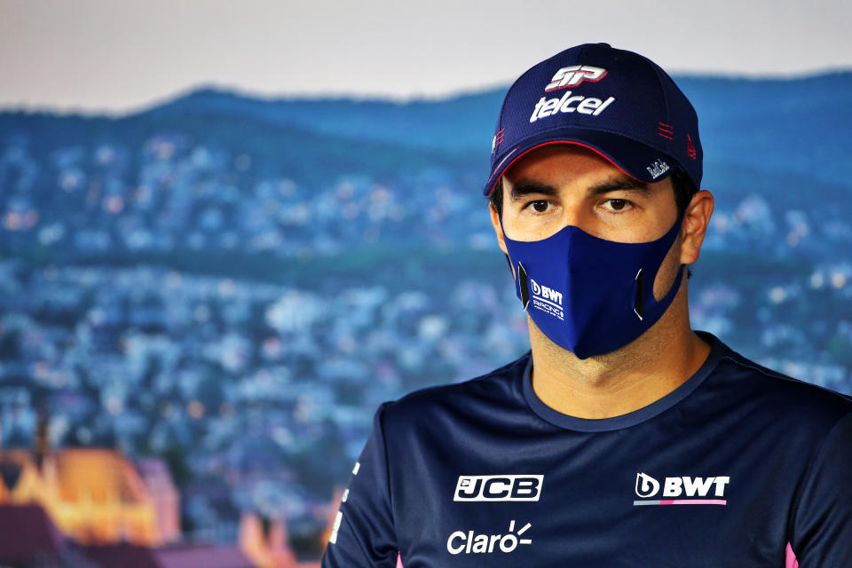 BUDAPEST, HUNGARY - JULY 16: Sergio Perez of Mexico and Racing Point talks in the Drivers Press Conference during previews for the F1 Grand Prix of Hungary at Hungaroring on July 16, 2020 in Budapest, Hungary. (Photo by Laurent Charniaux/Pool via Getty Images)