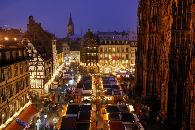 France, Bas Rhin, Strasbourg, Christmas market stalls Place de la Cathedrale