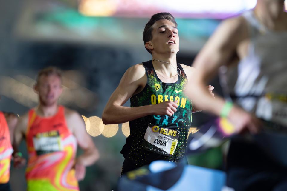 Oregon’s Elliott Cook comes up second in the men’s 800 meters on day two of the Oregon Relays Saturday, April 20, 2024, at Hayward Field in Eugene, Ore.