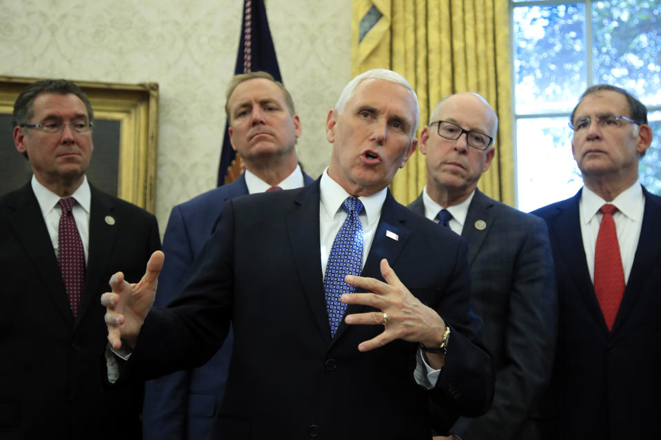 Vice President Mike Pence speaks following a ceremony signing the "America's Water Infrastructure Act of 2018" into law in the Oval Office at the White House in Washington, Tuesday, Oct. 23, 2018. (AP Photo/Manuel Balce Ceneta)