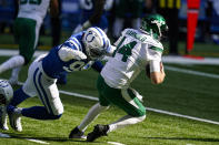 Indianapolis Colts defensive tackle DeForest Buckner (99) pressures New York Jets quarterback Sam Darnold (14) In the first half of an NFL football game in Indianapolis, Sunday, Sept. 27, 2020. (AP Photo/Darron Cummings)