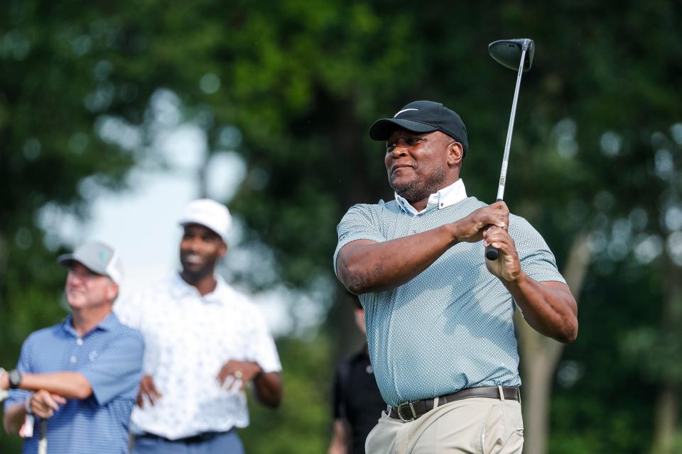 Barry Sanders tees for the 14th during the Rocket Mortgage Classic's Area 313 Celebrity Scramble at the Detroit Golf Club in Detroit on Tues., July 26, 2022.