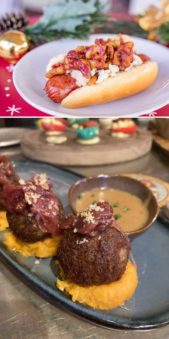 The holiday croquettes are filled with turkey and stuffing, on a bed of sweet potato pureé, and come covered in gravy and a dollop of cranberry jam. They are quite literally Thanksgiving in one bite and are located at Disney Springs. The Holiday Hotdog plays with sweet and savory by combining stuffing funnel cake, cranberry mustard, and cheese curds.