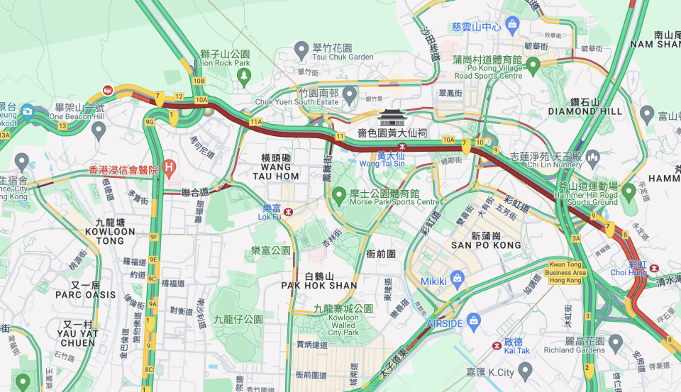 11 時 20 分，龍翔道西行塞車龍尾去到彩虹邨。（Google Maps）