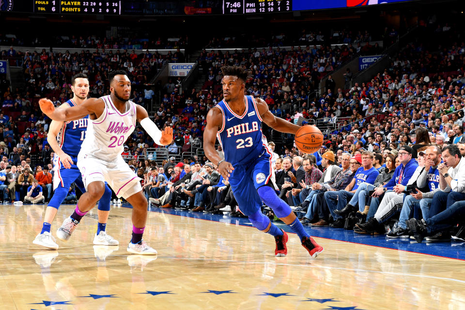 Jimmy Butler looks for room to work against the Minnesota Timberwolves on Tuesday night in Philadelphia. (Getty Images)