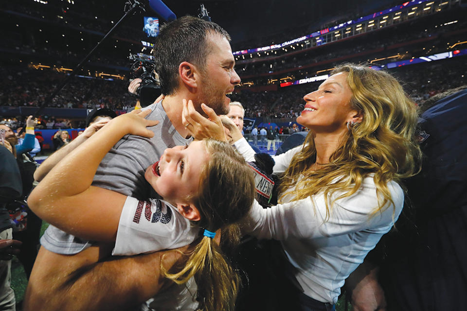 Brady with wife Gisele Bündchen and daughter Vivian after the Patriots defeat the Los Angeles Rams in Super Bowl LIII in Atlanta in 2019. - Credit: Getty Images