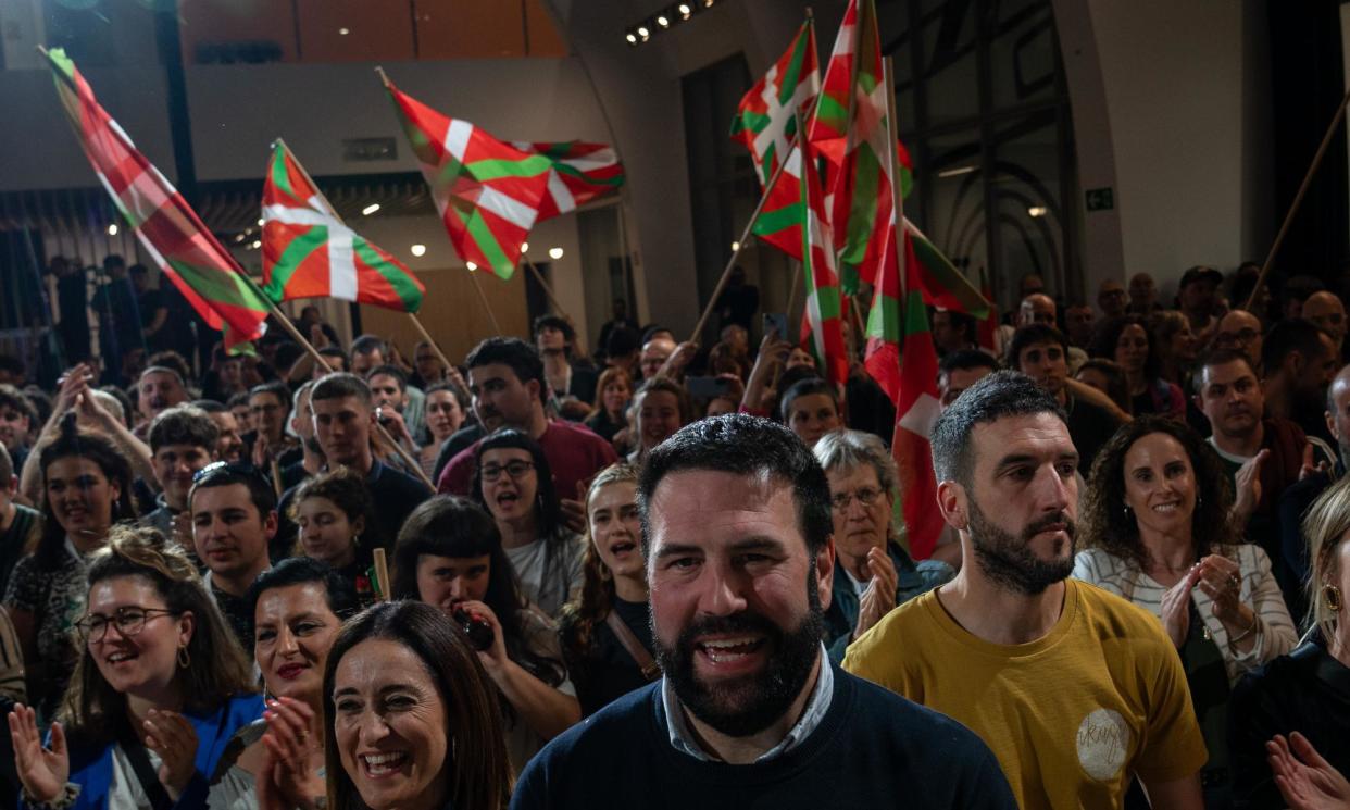 <span>EH Bildu supporters celebrate the results of the Basque elections in Bilbao on Sunday.</span><span>Photograph: Anadolu/Getty Images</span>