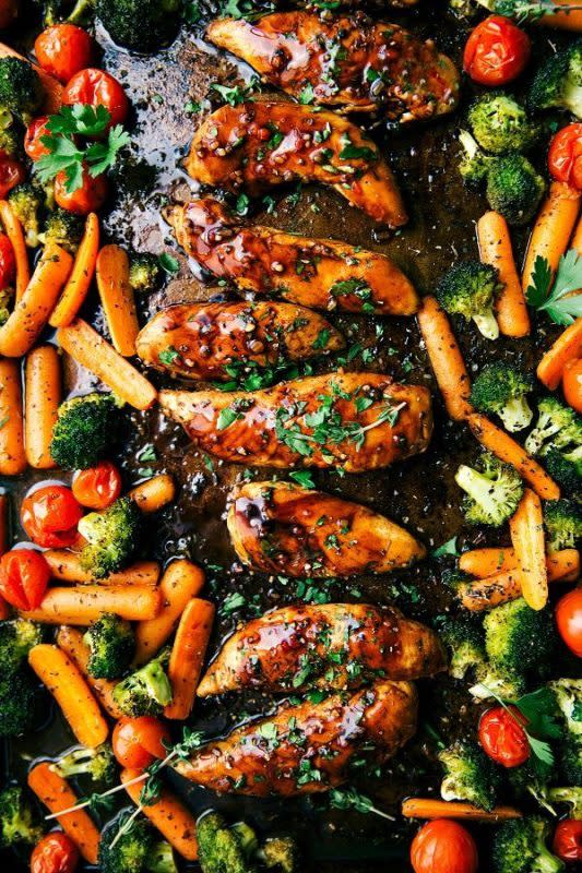 <p>Chelsea's Messy Apron</p><p>Sweet balsamic chicken and veggies made in one pan. With a little bit of marinating time and then ten-minute prep and twenty-minute cooking time this meal is efficient, healthy and simple to make!</p><p><strong>Get the recipe: <a href="https://www.chelseasmessyapron.com/one-pan-balsamic-chicken-veggies/" rel="nofollow noopener" target="_blank" data-ylk="slk:One-Pan Balsamic Chicken and Veggies;elm:context_link;itc:0;sec:content-canvas" class="link ">One-Pan Balsamic Chicken and Veggies</a></strong></p>