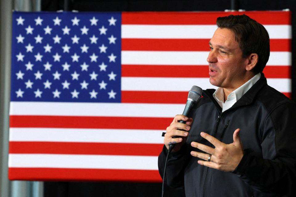 PHOTO: Republican presidential candidate Florida Governor Ron DeSantis speaks at a Never Back Down campaign stop in Concord, New Hampshire, on Dec. 15, 2023.  (Brian Snyder/Reuters)