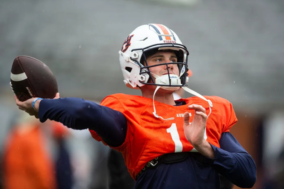 Auburn Tigers quarterback Holden Geriner (12) warms up during the A-Day spring football game at Jordan-Hare Stadium in Auburn, Ala., on Saturday, April 8, 2023.