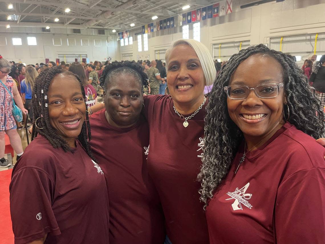 Old friends reunited at Marine Corps Air Station Parris Island at a ceremony to say goodbye to the Fourth Recruit Training Battalion including, from left to right: Yvonne Jones of Virginia, Patricia Jester-Benefield, a Union, S.C. native, Lisa Taylor of Maryland and Desiree Johnson of Missouri. “This is a big part of history,” Taylor said of the end of the battalion, which for many years trained only women. It was closed as part of integration efforts in the Marine Corps.