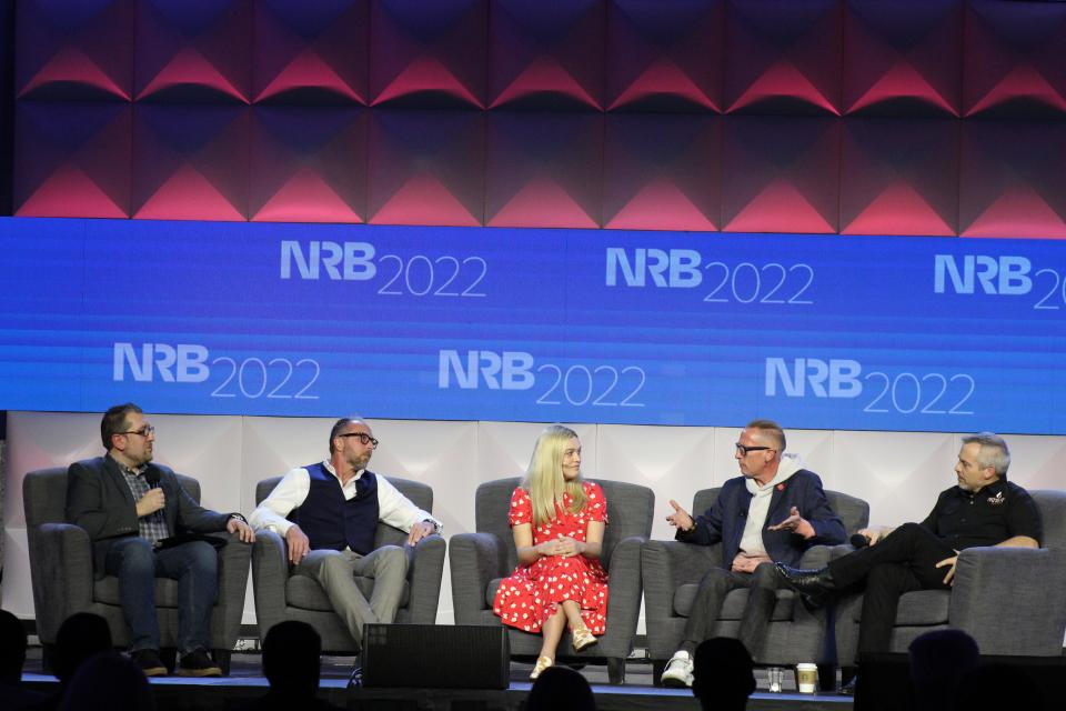 Panelists talking about the "Biblical worldview under attack" during the National Religious Broadcasters annual conference on Thursday, March 10, 2022 at Nashville's Gaylord Opryland Resort & Convention Center. From left to right, Billy Hallowell, Jeff Myers, Isabel Brown, Ryan Dobson and Rick Green.