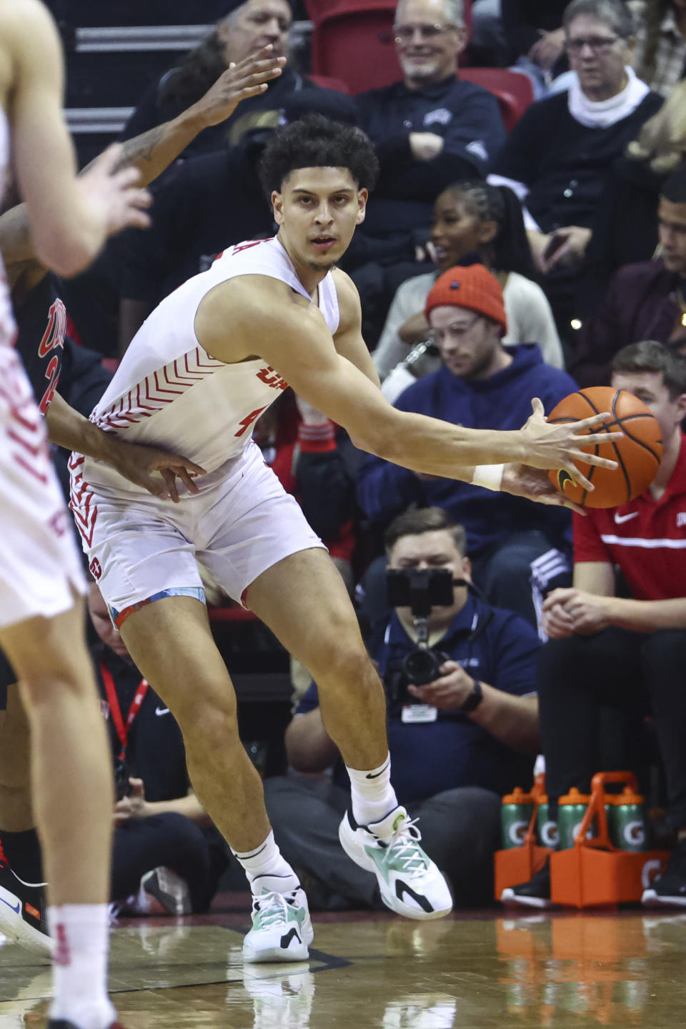 Dayton guard Koby Brea (4) looks to pass the ball during the first half of an NCAA college basketball game against UNLV Tuesday, Nov. 15, 2022, in Las Vegas. (AP Photo/Chase Stevens)