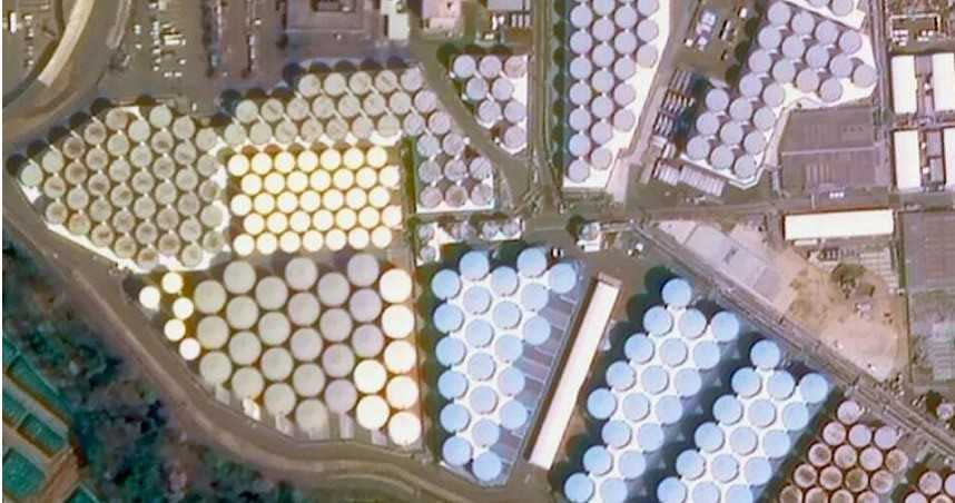 吉林一號寬幅01星拍攝的衛星照片顯示，福島一號核電廠週邊，已新增許多核廢水儲存槽。（圖／翻攝自长光卫星微博）