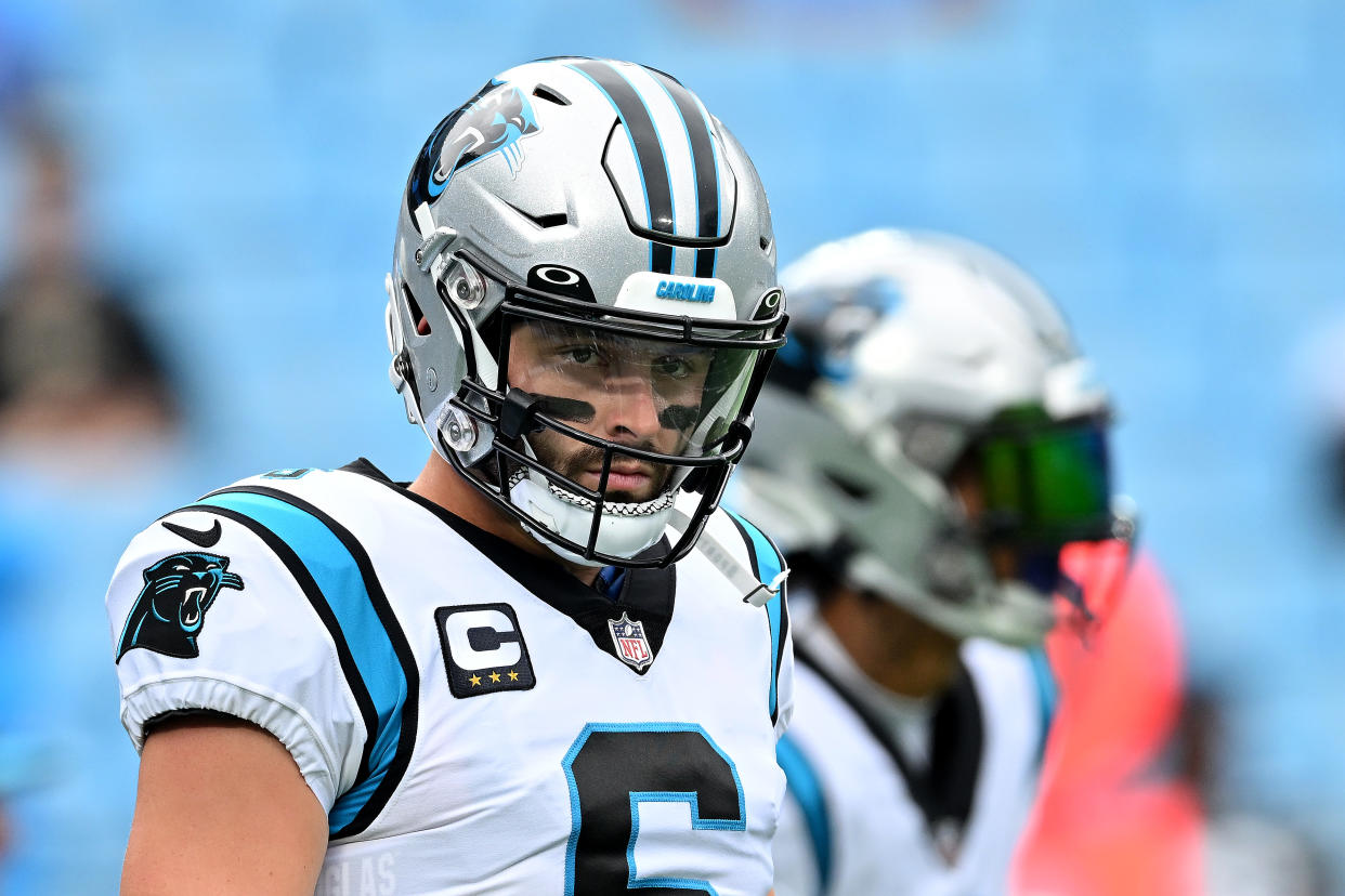 Baker Mayfield of the Carolina Panthers is off to a rough start this season. (Photo by Grant Halverson/Getty Images)