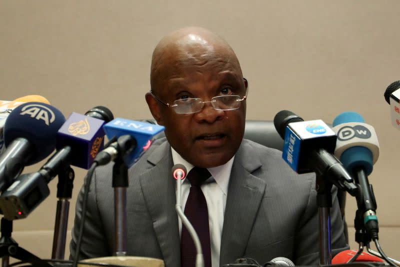 FILE PHOTO: John Nkengasong, Africa’s Director of Centers for Disease Control (CDC), speaks during a news conference on coronavirus at the African Union Headquarters in Addis Ababa