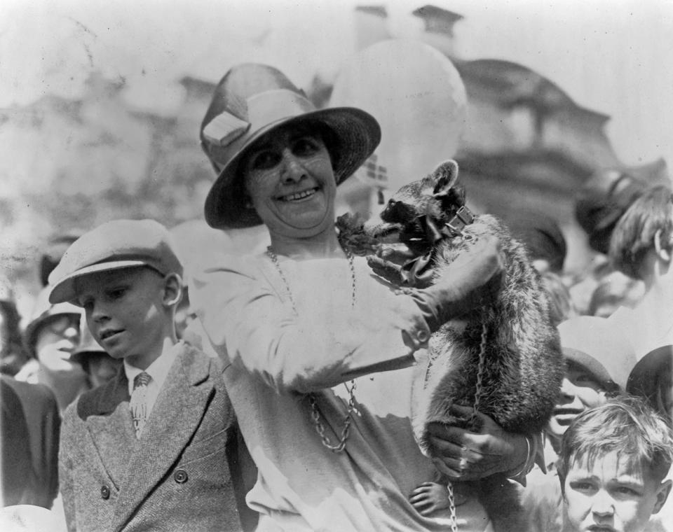 <p>First Lady Grace Coolidge holds her pet raccoon, Rebecca, for a crowd of children at the annual White House Easter Egg Roll in Washington, April 18, 1927. </p>