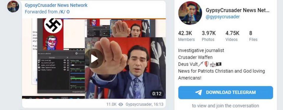 Paul Nicholas Miller as GypsyCrusader on the Telegram social media app as he signs off “White Power, guys” and gives the fascist salute.