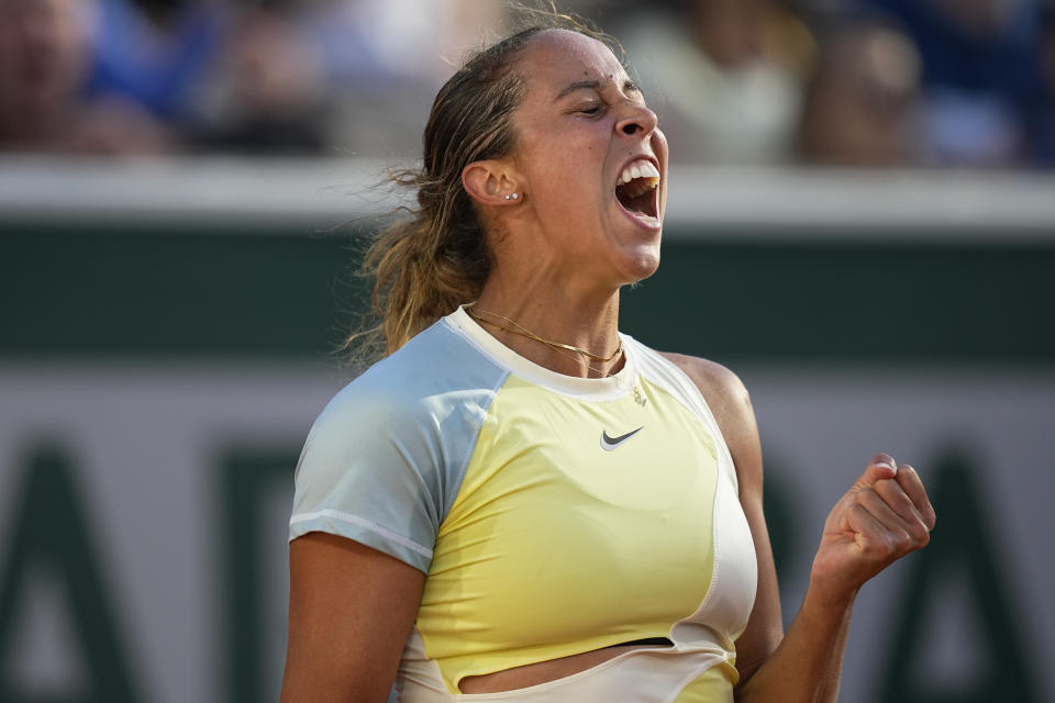 Madison Keys of the U.S. clenches her fist after scoring a point against Kazakhstan's Elena Rybakina during their third round match at the French Open tennis tournament in Roland Garros stadium in Paris, France, Saturday, May 28, 2022. (AP Photo/Michel Euler)