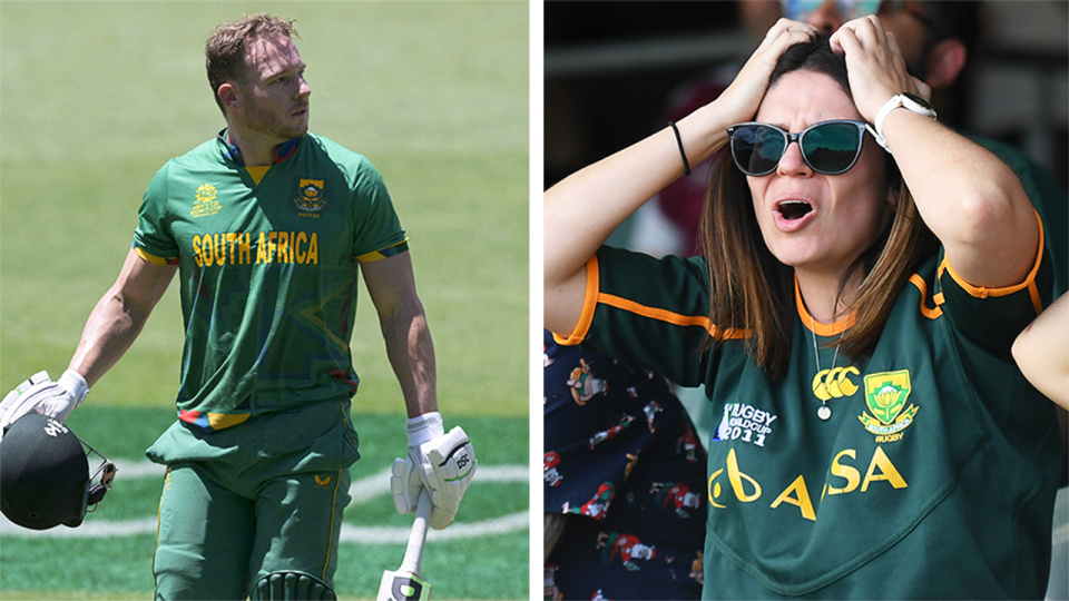 David Miller (pictured left) dismissed and a South African fans (pictured right).