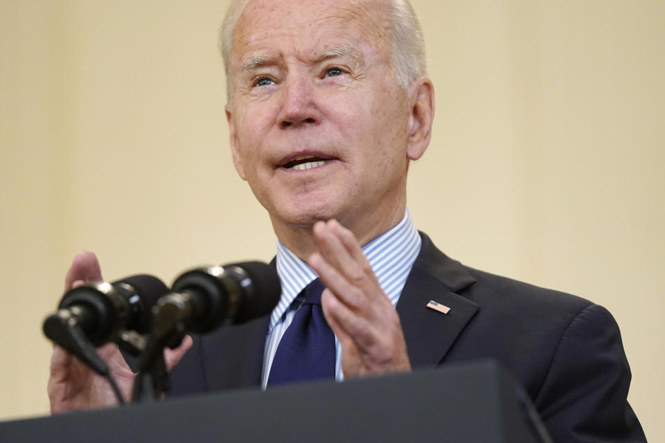 President Joe Biden speaks about the April jobs report in the East Room of the White House, Friday, May 7, 2021, in Washington. (AP Photo/Patrick Semansky)