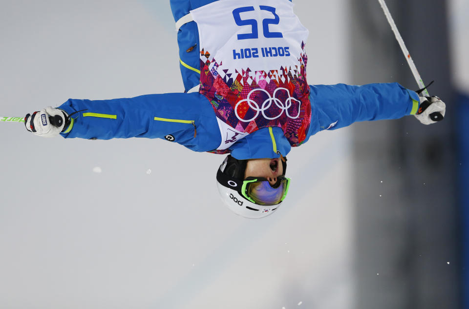 South Korea's Choi Jae-woo jumps during the men's moguls qualifying at the Rosa Khutor Extreme Park at the 2014 Winter Olympics, Monday, Feb. 10, 2014, in Krasnaya Polyana, Russia.