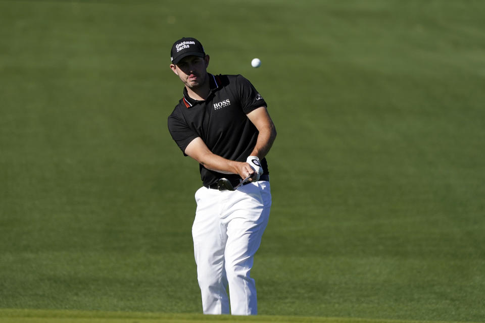 Patrick Cantlay hits to the second hole during the first round of the American Express golf tournament at La Quinta Country Club, Thursday, Jan. 20, 2022, in La Quinta, Calif. (AP Photo/Marcio Jose Sanchez)