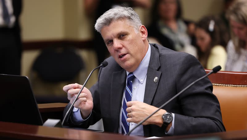 Rep. Phil Lyman, R-Blanding, testifies about his bill, HB371, in the House Government Operations Standing Committee at the Capitol in Salt Lake City on Wednesday, Feb. 23, 2022. 