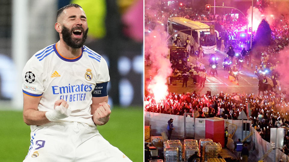 Pictured left, Karim Benzema celebrates Real Madrid's win over PSG as fans go crazy outside the Santiago Bernabeu. 