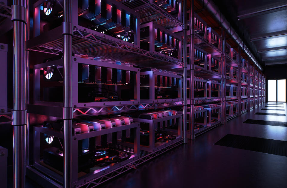 A data centre for cryptocurrency mining with endless racks of CPU and motherboards