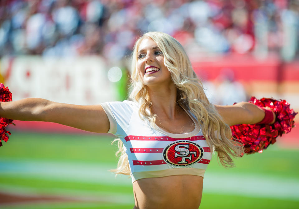 <p>A Gold Rush cheerleader pumps up the crowd during the regular season game between the San Francisco 49ers and the Dallas Cowboys on October 22, 2017 at Levi’s Stadium in Santa Clara, CA (Photo by Samuel Stringer/Icon Sportswire via Getty Images) </p>