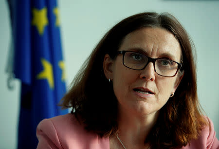 FILE PHOTO: European Trade Commissioner Cecilia Malmstrom attends an interview with Reuters in Geneva, Switzerland June 4, 2018. REUTERS/Denis Balibouse