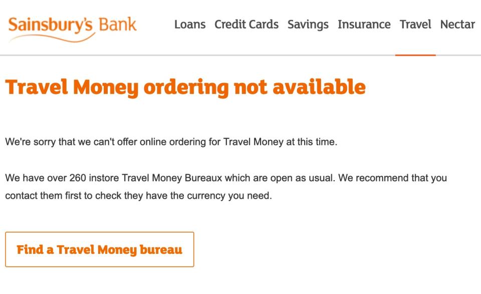 Sainsbury's Bank and other UK banks were affected by Travelex's problems. Photo: Sainsbury's Bank website / screenshot