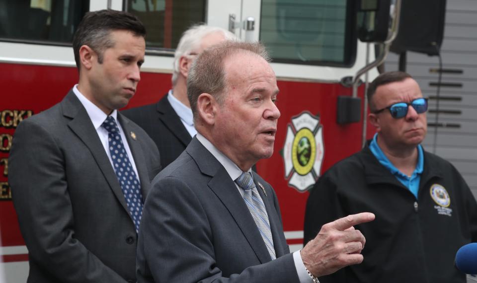 Rockland County Executive Ed Day speaks about several fire safety bills supported by several elected officials in a bipartisan effort at the Rockland County Fire Training Center in Pomona March 15, 2024.