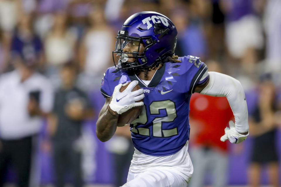 TCU's Major Everhart returns a kickoff during the second half of the team's NCAA college football game against Nicholls State, Saturday, Sept. 9, 2023, in Fort Worth, Texas. (AP Photo/Gareth Patterson)