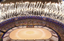 <p>Fireworks explode during the closing ceremony for the 2016 Rio Olympics on August 21, 2016. (REUTERS/Pawel Kopczynski) </p>