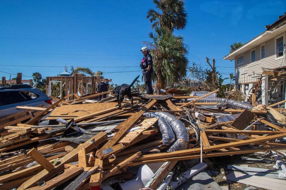 Miembros del equipo de búsqueda y rescate de Miami, incluido Pasco, un labrador negro, buscan entre los escombros a personas desaparecidas en Fort Myers Beach, dos días después de que el huracán Ian azotara la costa oeste de la Florida como tormenta de categoría 4.