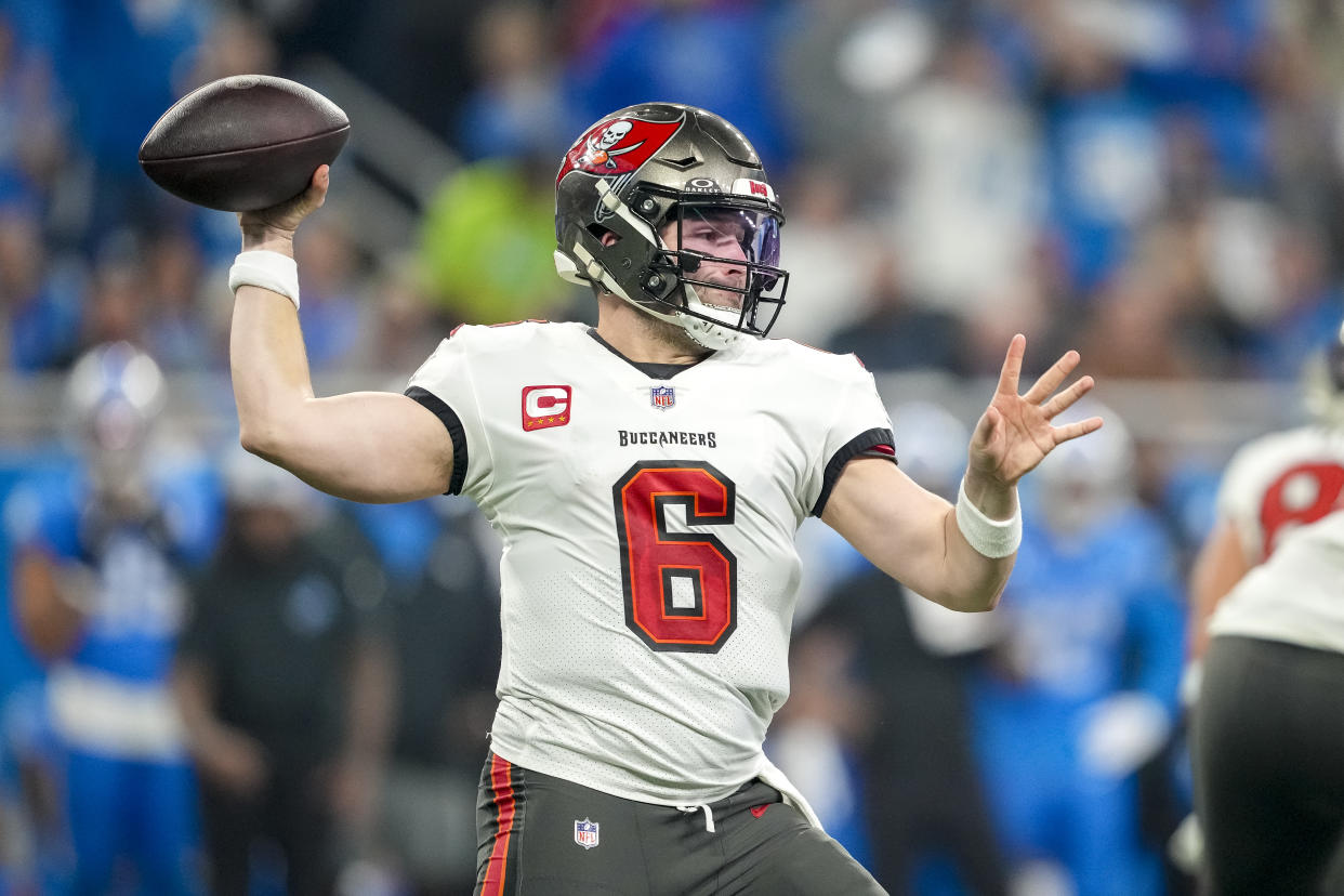 DETROIT, MICHIGAN - JANUARY 21: Baker Mayfield #6 of the Tampa Bay Buccaneers passes the ball against the Detroit Lions at Ford Field on January 21, 2024 in Detroit, Michigan. (Photo by Nic Antaya/Getty Images)