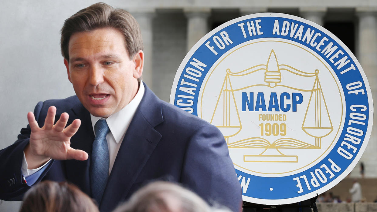 A photo illustration shows Florida Governor Ron DeSantis speaking to an audience, and a logo of the National Association for the Advancement of Colored People.