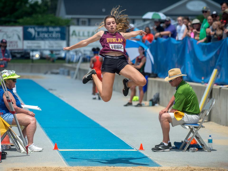 Dunlap's Teagan Sullivan takes to the air in the long jump Friday, June 11, 2021 during the IHSA Class 2A Girls State Track and Field Championships in Charleston. Sullivan finished eighth in the event.