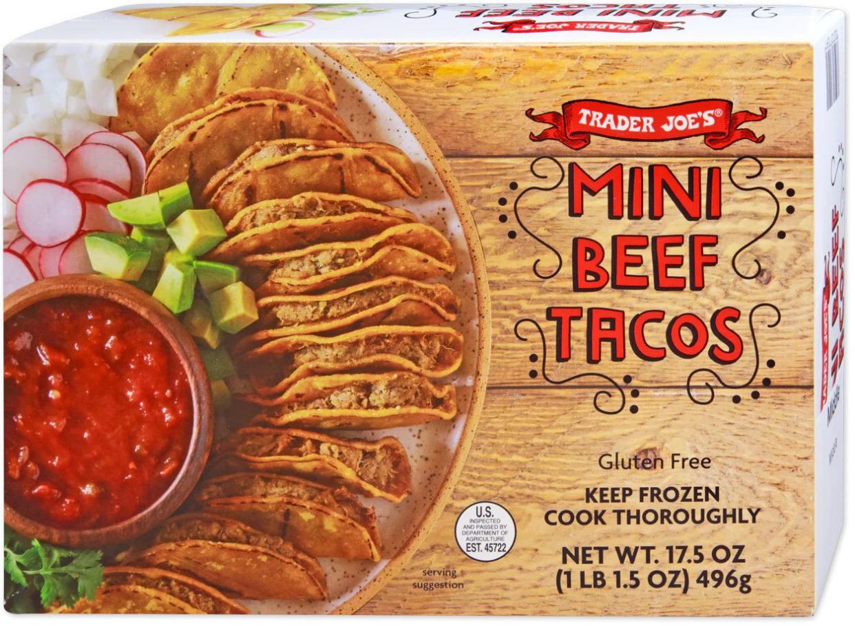 A box of Trader Joe's mini beef tacos