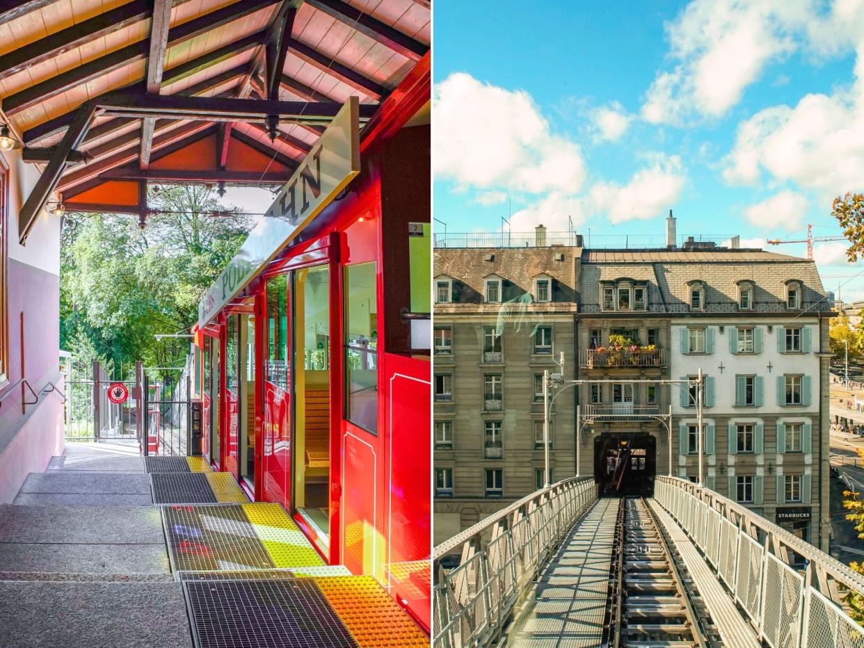 Left: A red elevated railway car, Polybahn, stopped at a station with trees in the background. Right: A view of a railway leading to a building with blue skies