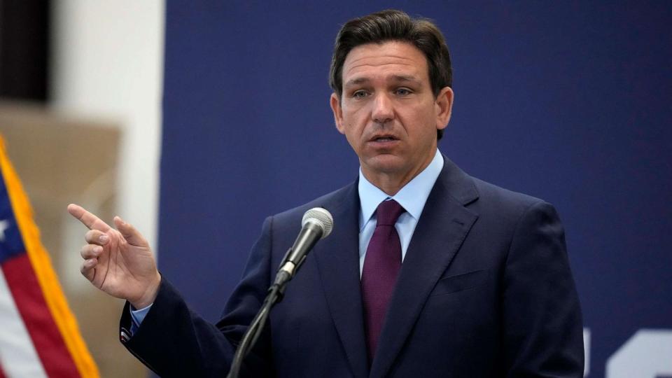 PHOTO: Republican presidential candidate Florida Gov. Ron DeSantis gestures during a campaign event, July 31, 2023, in Rochester, N.H. (Charles Krupa/AP)