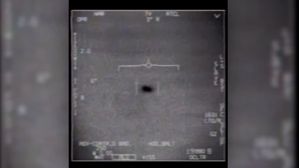 An image of an UAP recorded in 2004 by sensors on a aircraft piloted by David Fravor, 
Fmr. Commanding Officer, US Navy. - Dept. of Defense