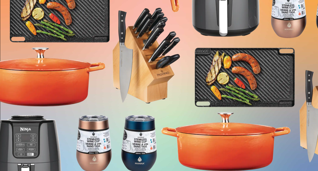 collage of canadian tire kitchen supplies with knife set, tumblers, baking dish and more