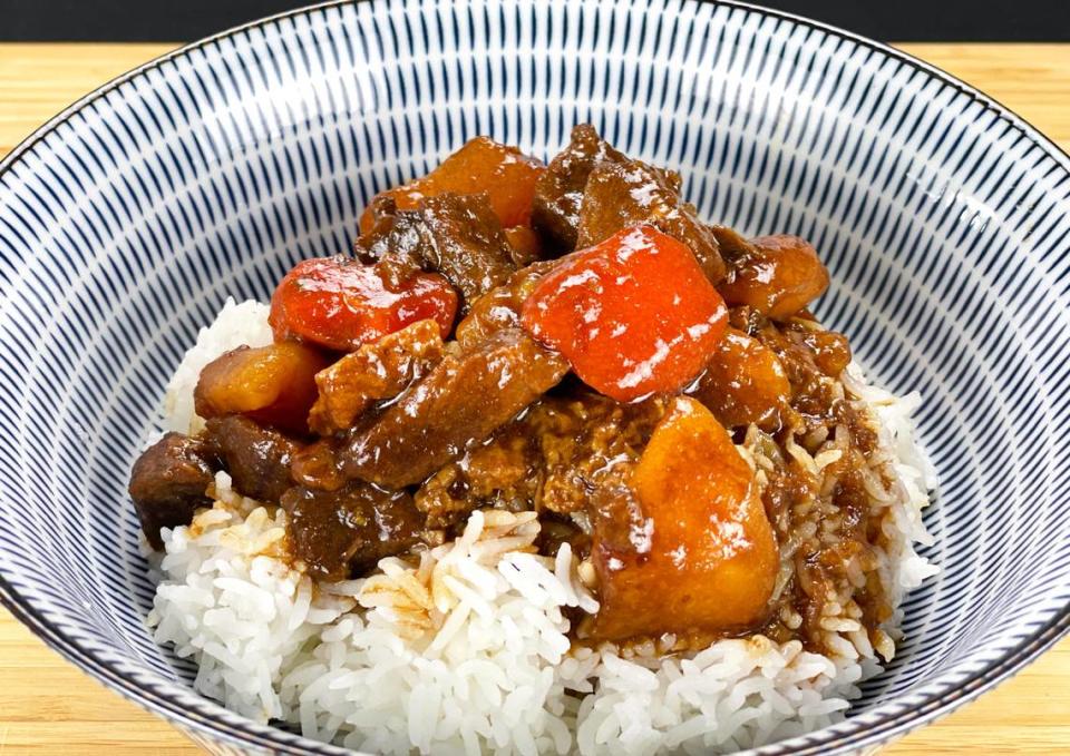 The Beef Stew Rice Bowl at Sun’s Kitchen is a hearty dish containing braised beef, potatoes, carrots and a variety of spices.