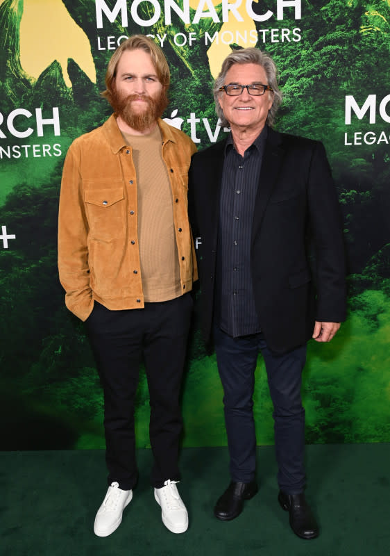 (L-R) Wyatt Russell and Kurt Russell attend Apple TV+ New Series "Monarch: Legacy Of Monsters" Photo Call at The London West Hollywood at Beverly Hills on December 08, 2023 in West Hollywood, California. <p>Jon Kopaloff/Getty Images</p>