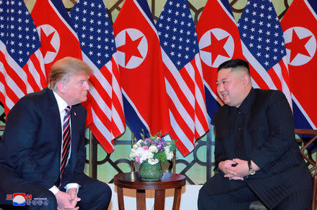 North Korea's leader Kim Jong Un and U.S. President Donald Trump speak during the second U.S.-North Korea summit in Hanoi, Vietnam, in this photo released on February 28, 2019 by North Korea's Korean Central News Agency (KCNA). KCNA via REUTERS