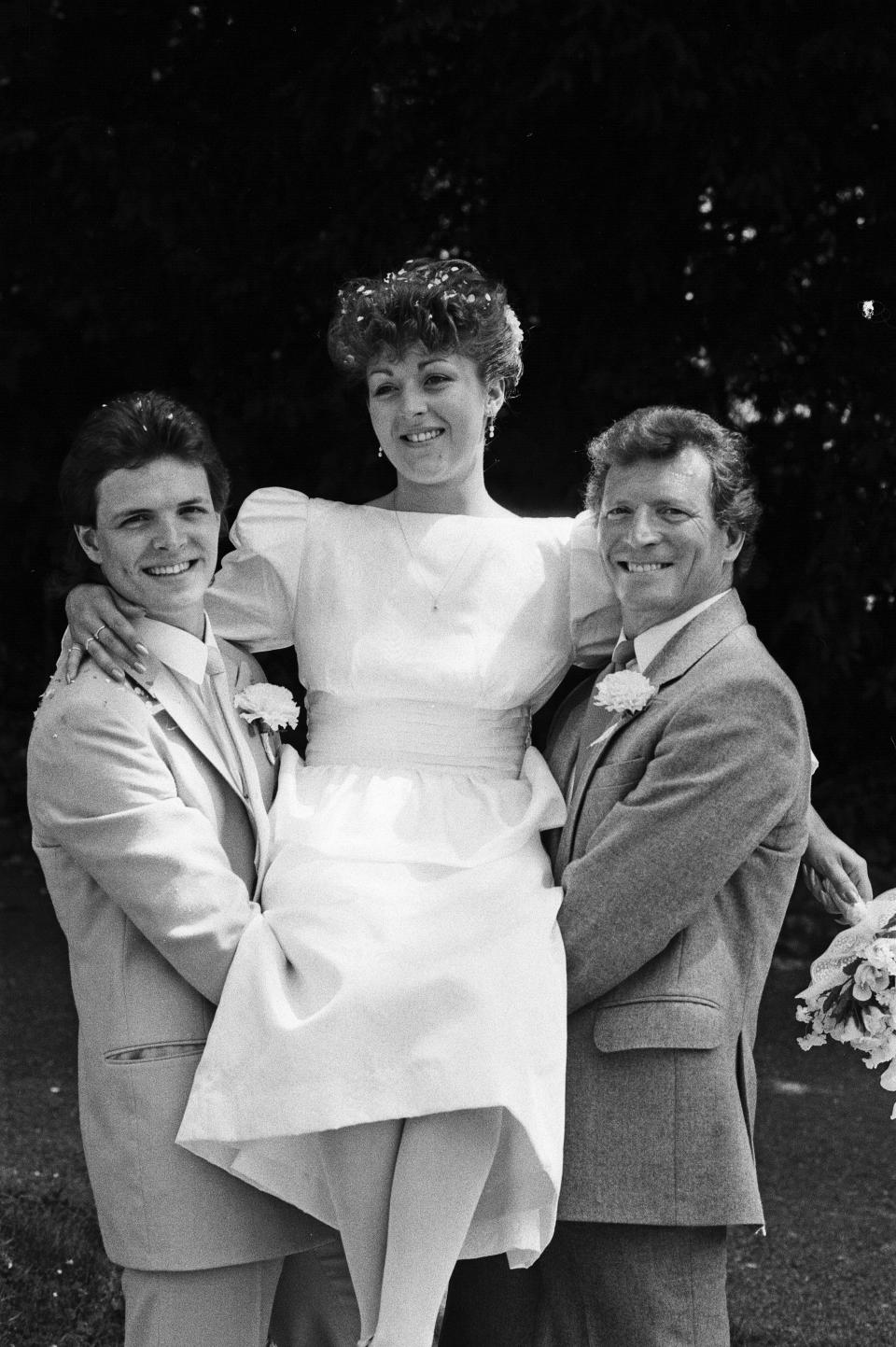 Johnny Briggs attends the wedding of his son Mark, 24, to Debbie Allbright, 22, in Guildford, Surrey. 10th July 1987. (Photo by Simeon Francis/Mirrorpix/Getty Images)