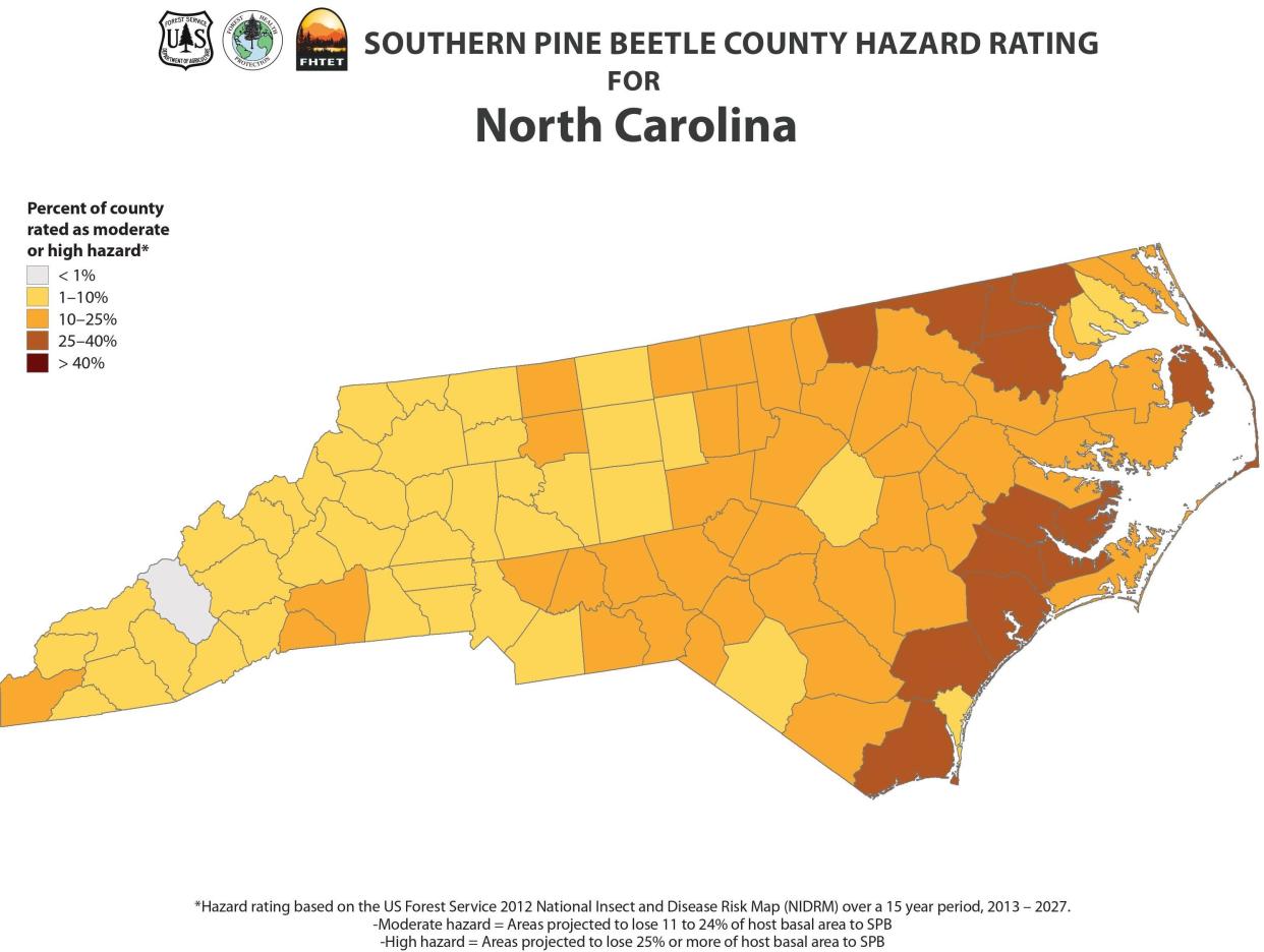 North Carolina's coastal plain, including Brunswick and Pender counties, are considered some of the most likely areas to see a future southern pine beetle outbreak.